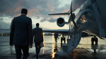 executive business team leaving corporate jet - obrazy, fototapety, plakaty