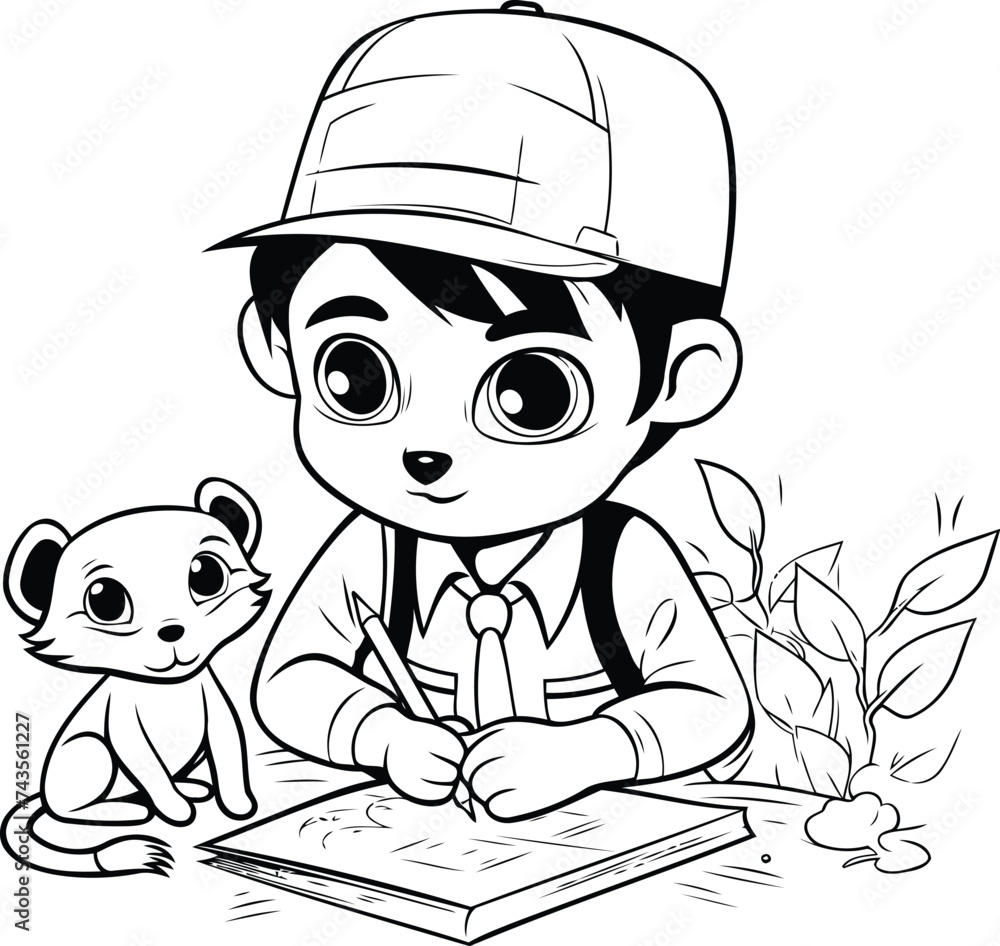 Sticker cartoon illustration of little boy studying and learning in the school