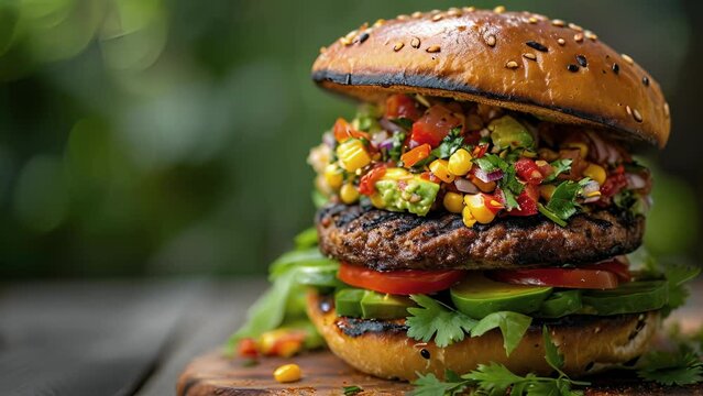 The ultimate grilling experience a flamegrilled veggie burger topped with a homemade avocado and corn salsa adding a fresh and creamy twist to the smoky flavors. Bite into