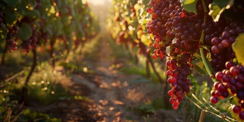 Ripe grapes hang from vines in a sprawling vineyard, capturing the essence of a serene sunset. The soft golden light creates a tranquil mood over the rich soil. - obrazy, fototapety, plakaty