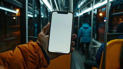 Person hand holding isolated smartphone device in the bus with blank empty white screen, communication transportation technology concept
