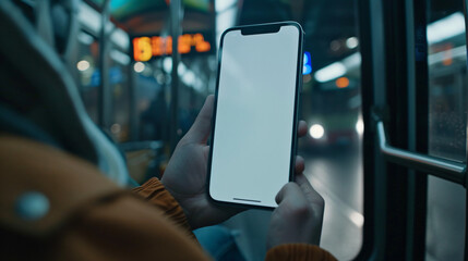 Person hand holding isolated smartphone device in the bus with blank empty white screen, communication transportation technology concept - obrazy, fototapety, plakaty