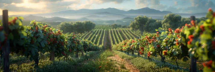 Tuinposter Ripe grapes hang from vines in a sprawling vineyard, capturing the essence of a serene sunset. The soft golden light creates a tranquil mood over the rich soil. © Amonthep