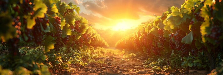 Ripe grapes hang from vines in a sprawling vineyard, capturing the essence of a serene sunset. The soft golden light creates a tranquil mood over the rich soil.
