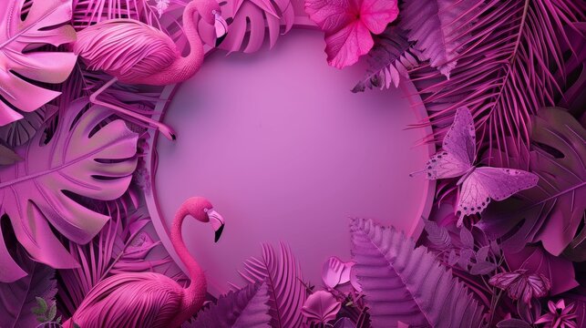 flamingo stands amidst a lush neon-lit scene, a fantastical fusion of wildlife and radiant light, creating a dreamlike tableau in shades of pink with a cosmic circle illuminating the tranquil moment.