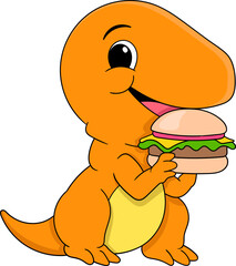 cute sticker cartoon doodle illustration, orange dinosaur is munching on a delicious burger