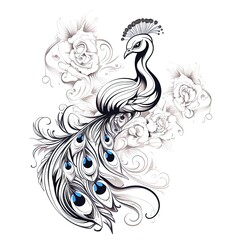 Sketch of a peacock tattoo. T-shirt apparel print design.