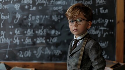 young boy stands before a chalkboard filled with complex equations, his expression serious and contemplative, embodying a child prodigy at thought.