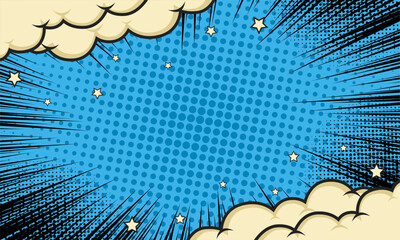 Comic zoom blue background with cloud and star