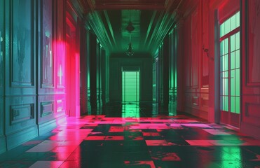 vintage corridor bathed in neon pink and green lights, casting a vibrant glow on the checkered floor, creating a scene of retro-futuristic intrigue.