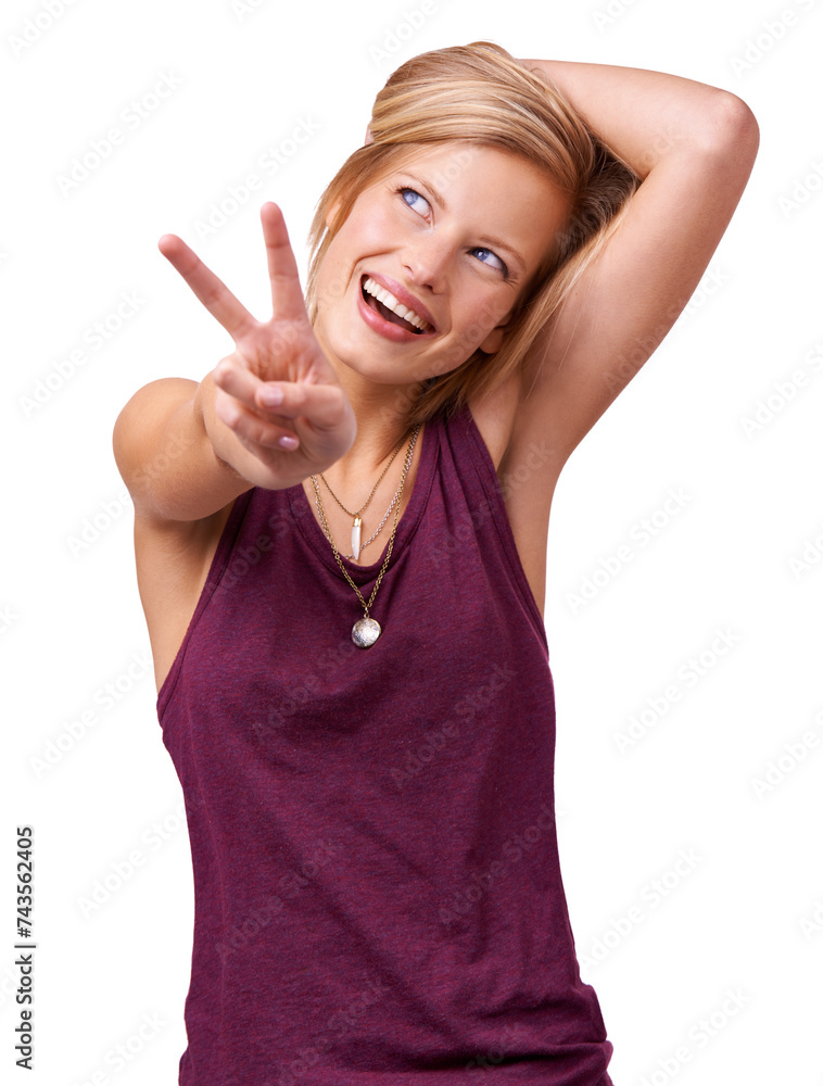 Canvas Prints Happy woman, thinking and peace sign with fashion or support isolated on white background. Casual girl, model and natural person in studio with fun hand gesture, spring clothes or smile with ideas