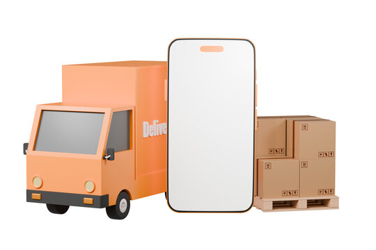 3D Orange truck delivery with mobile phone empty screen and wood pallet with cardboard box icon. Online shopping or E-commerce concept. isolated on orange background. banner, copy space. 3D Rendering.