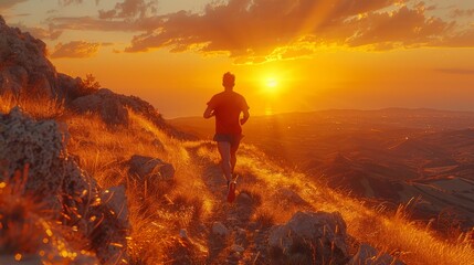 Runner on a glowing mountain trail at sunset - obrazy, fototapety, plakaty