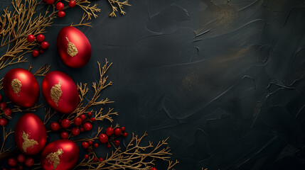 flat lay red Easter eggs with golden decoration and floral branches on black background. free space