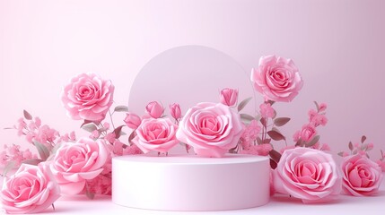 A product display podium stage featuring a pink background adorned with pink flowers