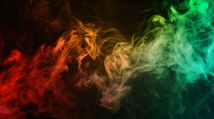 Vibrant colorful smoke on dark backdrop with ink in shades of red, green, and brown.