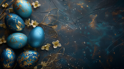 Fototapeta na wymiar flat lay blue Easter eggs with golden decoration and floral branches on black background. free space