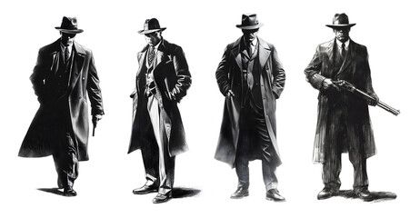 Set of four gangster drawings. Mafia members from the 30s. Black and white drawing.