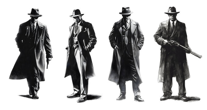 Set of four gangster drawings. Mafia members from the 30s. Black and white drawing.