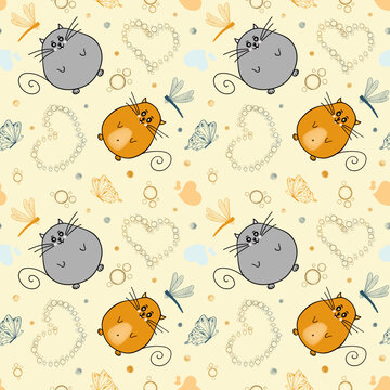 Fat cat. Cat seamless pattern. Red and gray fat cat, dragonfly and butterfly. Children's pattern for clothes, textiles, paper, stationery and scrapbooking.