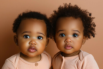 two lovely african twins together isolated over biege pastel color background, adorable kid boy and girl in casual wear posing happily. portrait. - Powered by Adobe
