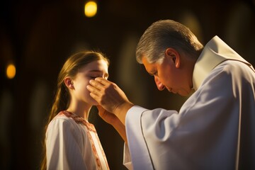 
Catholic priest administering the sacrament of Confirmation to a teenage girl with a serene expression