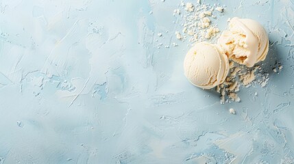 Vanilla Ice Cream Scoops Melting on Textured Blue Background.