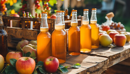 A rustic table arrangement features various cider flavors in clear glasses - each inviting...