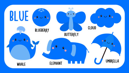 Blue. Learn the color. Kids education flashcard set. Blueberry Butterfly Cloud Whale Elephant Umbrella icon. Preschool game activity. Cute cartoon kawaii character. Flat design. White background.
