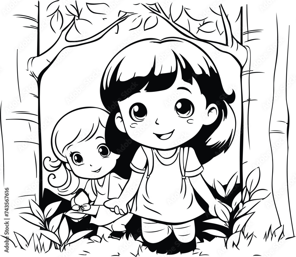 Sticker boy and girl playing in the park. black and white vector illustration