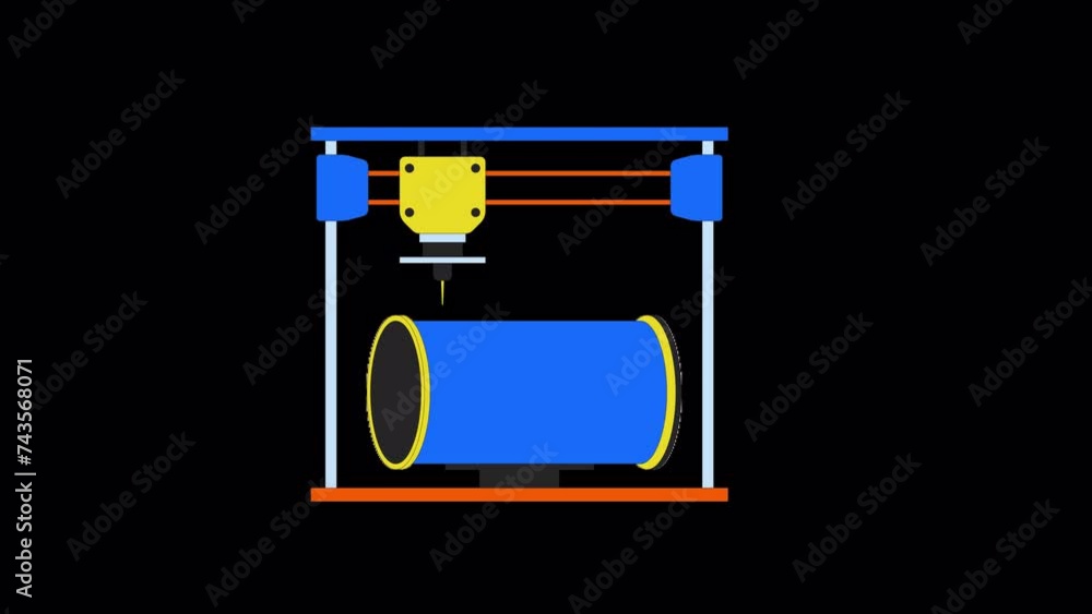 Poster pipeline part on 3d printer line 2d object animation. technology three-dimensional printing flat col