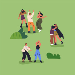 People dancing outdoors. Carefree friends, couples relaxing at summer holiday open-air festival in nature. Youth, tiny young characters resting outside, moving to music. Flat vector illustration - 743568264