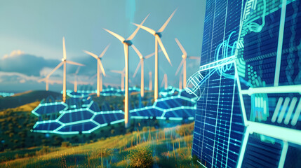 A conceptual image showcasing the integration of green energy solutions and sustainable power engineering, with symbols like wind turbines, solar panels, and eco-friendly technology.