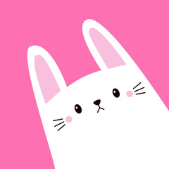 White rabbit bunny head face in the corner. Happy Easter. Cute cartoon kawaii funny baby character. Farm animal. Childish style. Flat design. Pink background. - 743568667