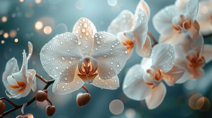 Obraz na płótnie Canvas White Orchids with Dewdrops on Soft Bokeh Background.