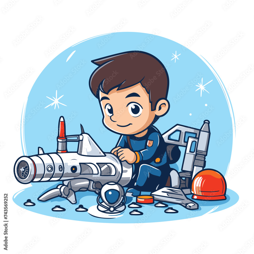 Poster cartoon boy playing with space ship. vector illustration of a boy playing space ship.