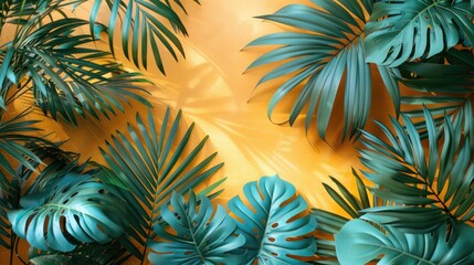 Vibrant Tropical Leaves on Sunny Yellow Background.
