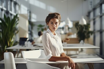 Confident woman in office, modern design, professional, calm, stylish, business environment