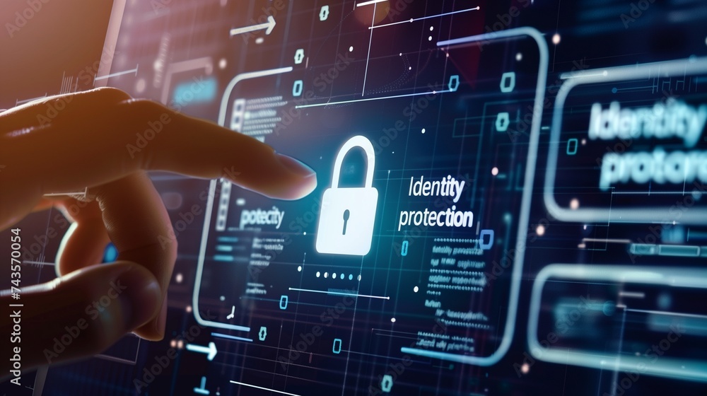 Poster a digital composite image illustrating the concept of identity theft protection, featuring a persons