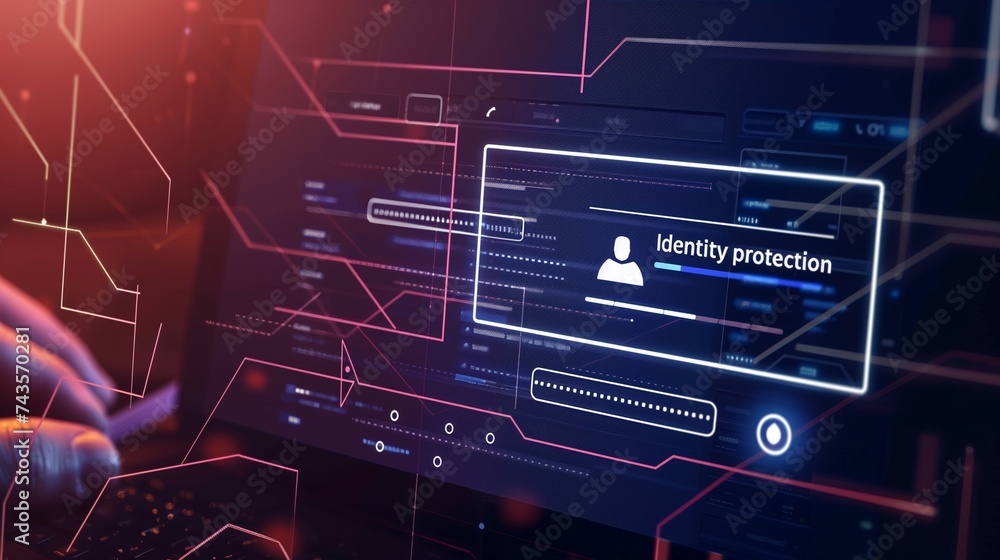 Poster a digital composite image illustrating the concept of identity theft protection, featuring futuristi