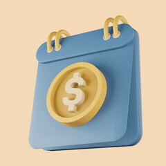 3d rendering icon calendar with money isolated on yellow background.