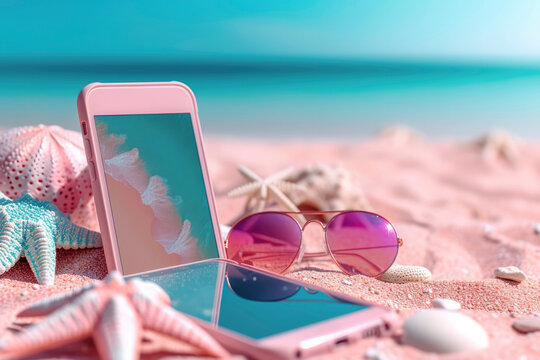 Phone Mockup Summer Vacation Background Concept Beach Accessories 3D Rendering