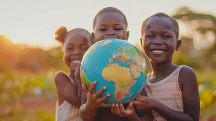International day of peace concept. Children holding earth globe. Group of African children holding planet earth planet earth over defocused nature background with copy space. 