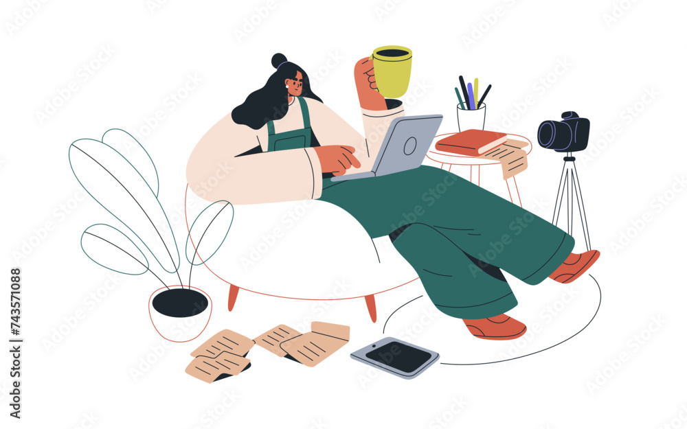 Poster Creative blogger planning content, creating ideas for video blog. Creator, screenwriter at laptop, works under script, plot for vlog. Flat graphic vector illustration isolated on white background