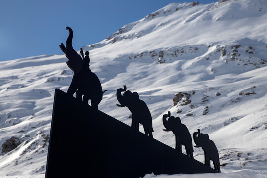 Mont-Cenis, France - A monument representing a column of elephants set at the pass where Hannibal is believed to have crossed the French Alps