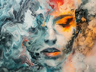 Abstract Artistic Portrait with Colorful Paint Swirls and Female Imagery