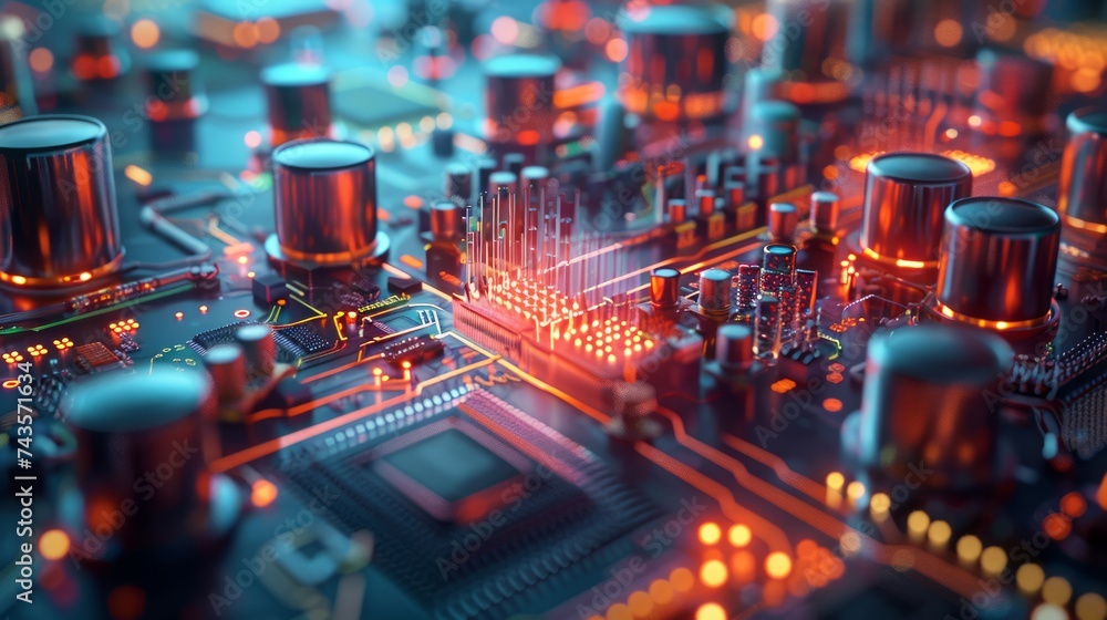 Poster futuristic circuit board with illuminated red data connections