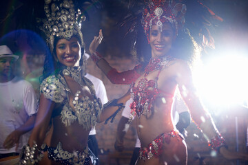 Portrait, women or dancer with band at carnival in rio de janeiro for brazilian festival with...
