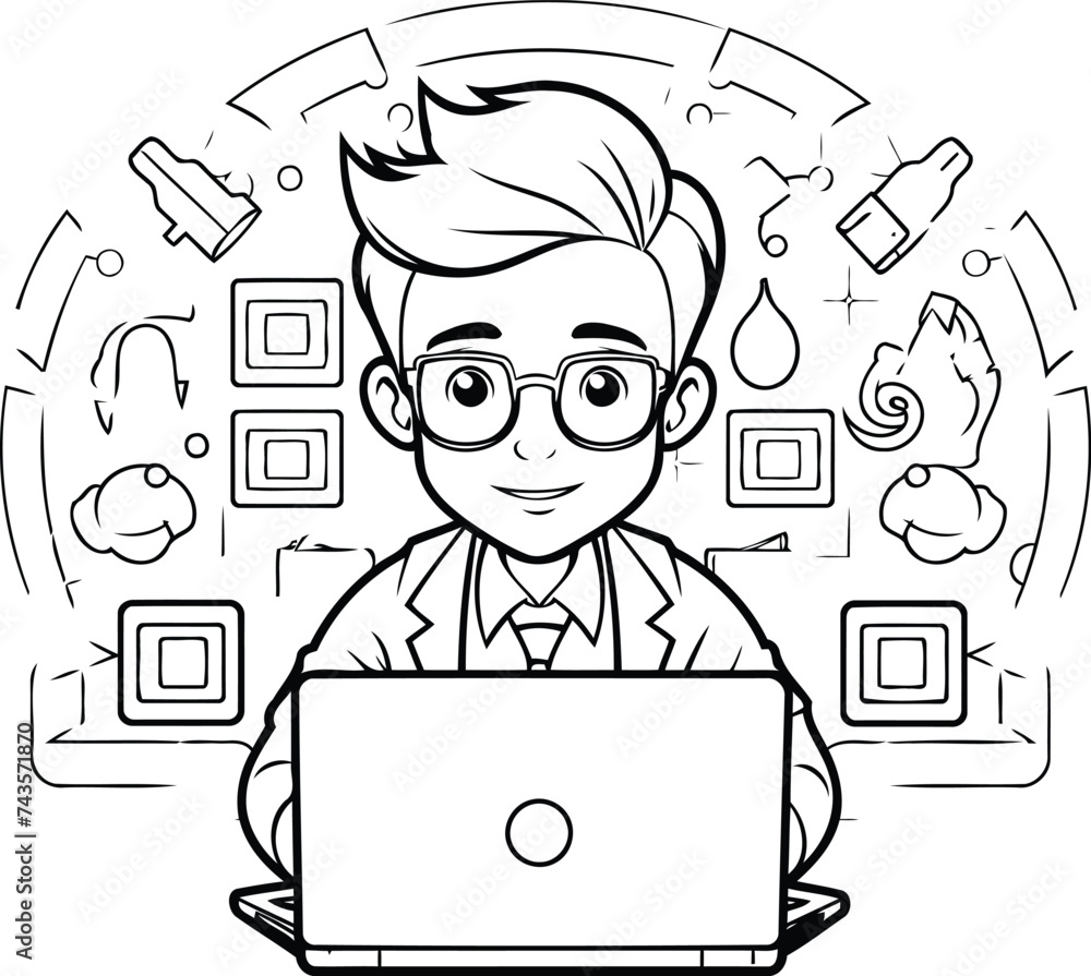 Poster black and white cartoon illustration of teenage boy using laptop or computer for education coloring 