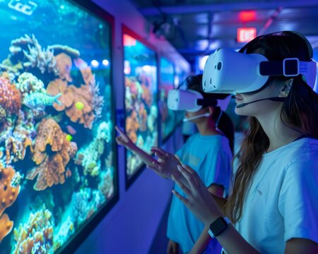 Young People Experiencing Virtual Reality at an Aquarium Exhibit
